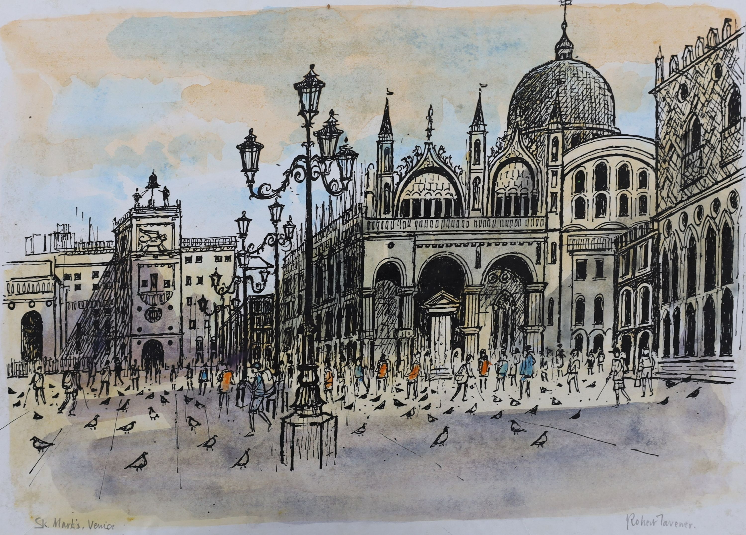 Robert Tavener (1920-2004), two hand coloured lithographs, 'St Mark's Venice' and 'Gondoliers', signed in pencil, 24 x 36cm and 19 x 27cm, unframed